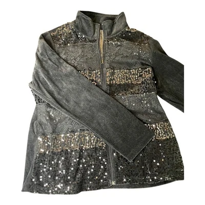 Thomas & Olivia 夹克女式 L 灰色蕾丝亮片装饰拉链 — 第 1/4 张图片