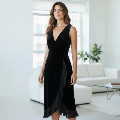 Vestido De Colección Connected Apparel Para Mujer 12 Negro Terciopelo Gasa Volantes Fiesta de Vacaciones Foto 1 de 4