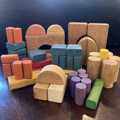 50 Vtg Playskool Wooden Building Blocks Shapes Colors Build Educational Toys - Image 1 of 4