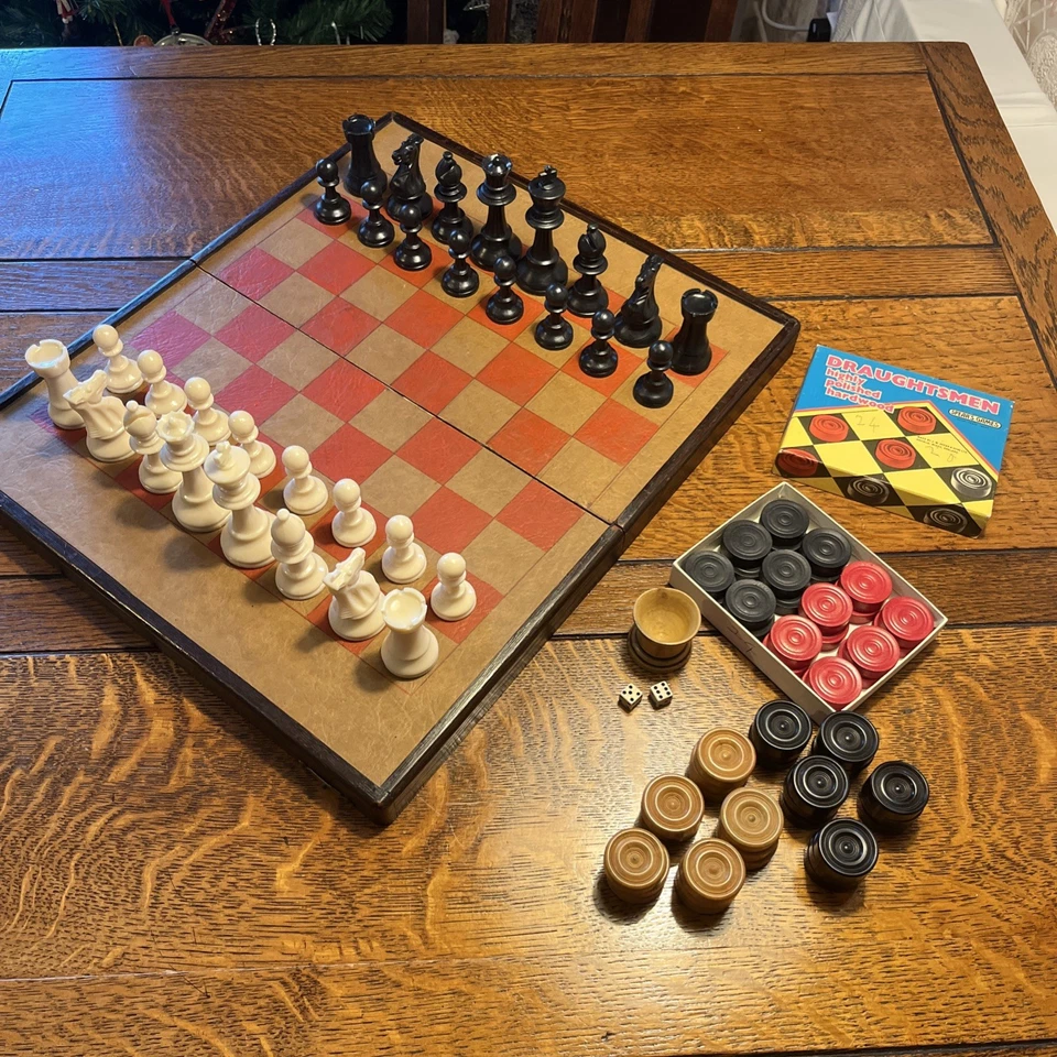 Vintage Wooden & Leather Large Backgammon & Chess Board Case & Pieces  - Image 1 of 4