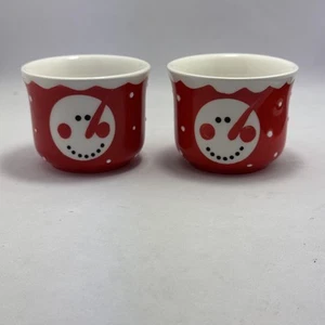 Jolly Snowman Tea Light Candle Holders Set/2 Red White Ceramic Holiday Decor NEW - Picture 1 of 8