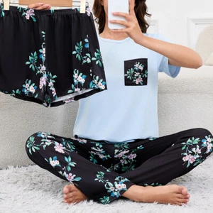 Women Silk 3 Piece Sleepwear Loungewear Print Short Sleeve Soft Loose Pajama Set - Picture 1 of 28