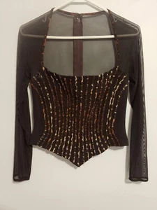 Tadashi M Brown Long Sleeve Mesh Party Cocktail Sweetheart Rib Corset Top Blouse - Picture 1 of 5