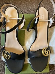 Gucci Women's GG Marmont Black Leather Strappy High Heels Shoes UK 6