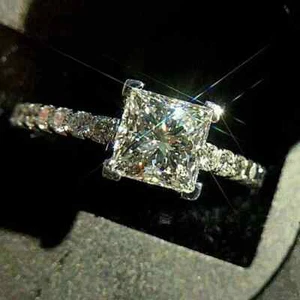 3Ct Princess Cut VVS1 Moissanite Solitaire Engagement Ring 14K White Gold Plated - Picture 1 of 12