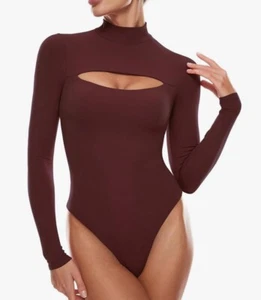 INLYRIC women’s Dark Red Long Sleeve Body Suit Mock Turtle Neck Cut Out Top L - Picture 1 of 5
