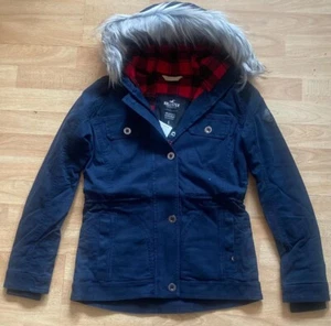 Hollister Women’s Navy Blue Jacket with Hoodie and Button Closure - Size S - Picture 1 of 3