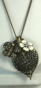 Rhinestone butterfly Enamel flower Sculptural Leave Bronze Pretty necklace. - Picture 1 of 6