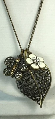 Rhinestone butterfly Enamel flower Sculptural Leave Bronze Pretty necklace. - Image 1 of 4