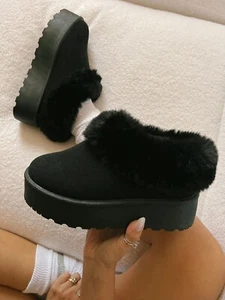 New Women's Faux Fur Lining Low Flat Platform Slipper Booties Ankle Boot Slip-On - Picture 1 of 14