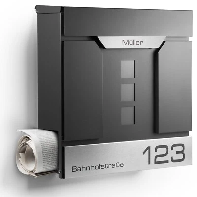 NEWHABITAT Moderner Briefkasten Anthrazit mit Zeitungsfach - Wandbriefkasten personalisiert