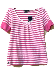 NWT RALPH LAUREN Sport Pink White Stripped Short Sleeve Shirt Top Pullover Sz L  - Picture 1 of 8