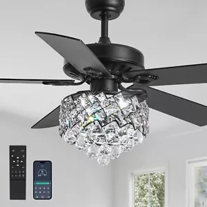 CROSSIO Modern Crystal Ceiling Fan with Lights 52" Black Chandelier Ceiling F... - Picture 1 of 9