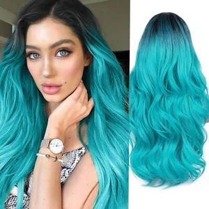 30" Ombre Blue Green Long Wavy Middle/Side Part Wig Teal Blue Curly Synthetic - Picture 1 of 8