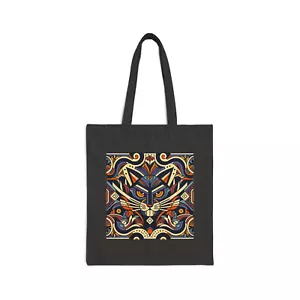Cotton Canvas Tote Bag 15x16 Art Deco Geometric Grumpy Cat Vintage Style Feline - Picture 1 of 13