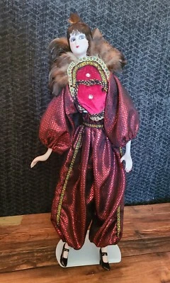 VTG Harlequin Clown Jester Porcelain doll Maroon & Gold W/Feathers 18.5 In. READ - Image 1 of 4