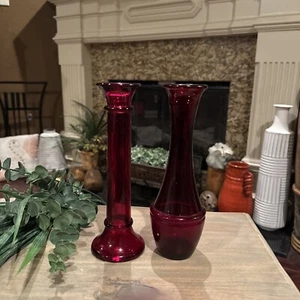 2 Ruby Red Indiana Glass 7" Candlestick Candle Holders Or Bud Vases, USA Made - Picture 1 of 3