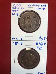 large cent counterstamp Lot (2) Coins 1855 Knob On Ear 1847 Eagle C/s - Picture 1 of 16