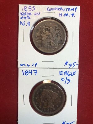 large cent counterstamp Lot (2) Coins 1855 Knob On Ear 1847 Eagle C/s - Image 1 of 4
