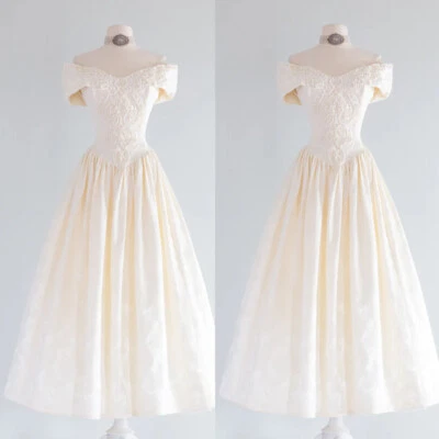 Vintage Wedding Dresses Champagne Victorian 1960s Retro Off Shoulder Ball Gowns - Image 1 of 4