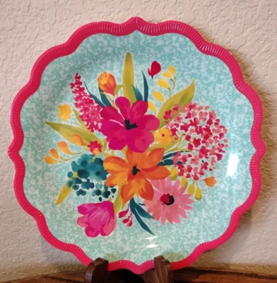 THE PIONEER WOMAN New! Pioneer Woman Sunny Days Coral Melamine Dinner Plate 10.7" Scalloped Edges