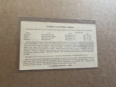 US 1943 Official Postal Card +New Issue Info (10) 4-Overrun Countries #917-920 - Image 1 of 2