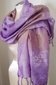Vintage Schal lila gold Blumen Jacquard Schmetterlinge ombre Fransen 23x62" Mängel - Bild 1 von 12