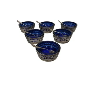 SET 6 WEBSTER STERLINGSILBER KOBALT EINSATZ SALZKELLER & LÖFFEL - Bild 1 von 12