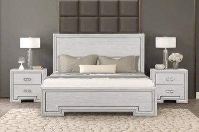 Eastern King Size 3pc Bed 2x Nightstand Set Rustic White Finish Bedroom - Image 1 of 4