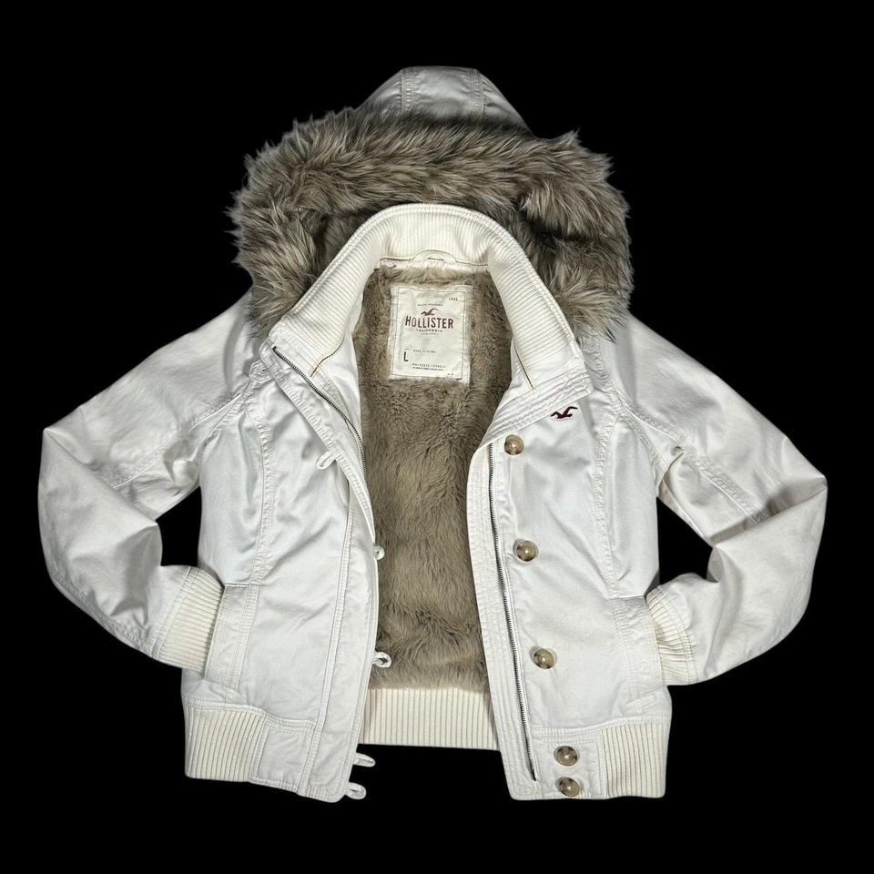 VTG Hollister Faux Fur Lined Bomber Jacket Y2K Beige Puffy Sherpa Hooded Large - Image 1 of 4