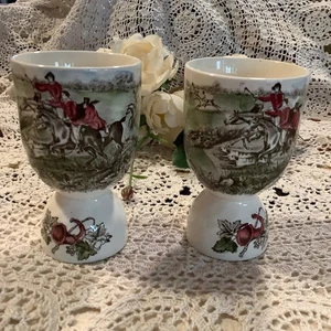 2 Vintage porcelain dog hunters England large egg cup holders 4" equestrian vibe - Picture 1 of 11