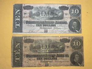 1864 Confederate $10 Bills T68 Pair Richmond Civil War Currency Lot of 2 - Picture 1 of 7