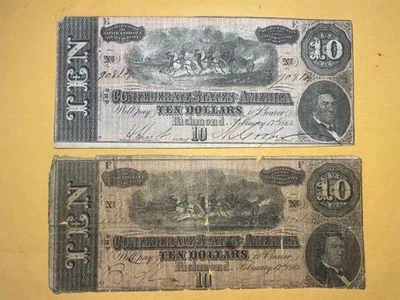 1864 Confederate $10 Bills T68 Pair Richmond Civil War Currency Lot of 2 - Image 1 of 4
