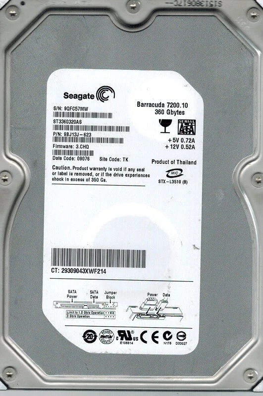 Seagate ST3360320AS P/N: 9BJ13J-623 F/W: 3.CHQ 360GB TK - Image 1 of 1
