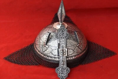 Casco coránico islámico otomano mogol damascenado plateado estilo vintage Khula Khud Foto 1 de 4