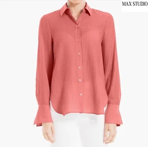 MAX STUDIO LONDON CAMICIA NUOVA CON ETICHETTE $118 L/S RIGHE TESTURIZZATE MARSALA RAYON MISTO. TAGLIA S - Foto 1 di 12