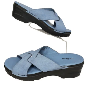 LL Bean Slide Sandals Blue Leather Woven Upper Platform Brazil 8.5 Slip On - Picture 1 of 7