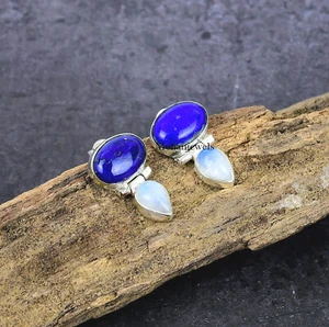 Lapis Lazuli Rainbow Moonstone Silver Plated Gemstone Stud Earring Jewelry - Picture 1 of 4