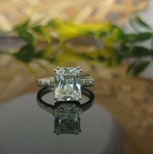 2.5ct Emerald Cut Lab Created Diamond Double Prong Solitaire Wedding Ring Silver - Picture 1 of 12