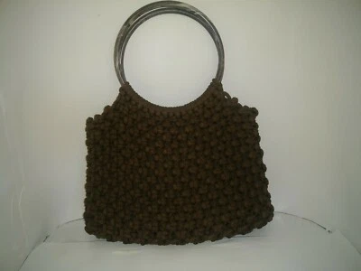 Macrame Purse Brown Handmade Handbag Lined  Vtg 70's Plastic Circular Handles  - Image 1 of 4