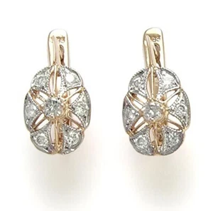 14k Rose and White Gold Genuine Diamond European style Earrings #E683 - Picture 1 of 4