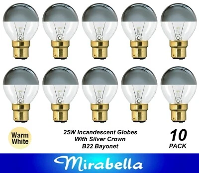 10 x 25W Silver Cap Light Globes Bulbs Lamp B22 Bayonet Cap BC Fancy Round Crown - Image 1 of 4