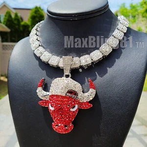 Silver Plated Alloy Bull Pendant 16" 18" 20" Iced Cubic Zirconia Chain Necklace - Picture 1 of 21