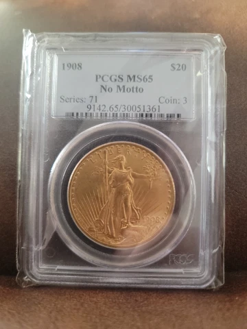 1908 $20 Saint-Gaudens Gold Double Eagle No Motto MS-65 PCGS Cover