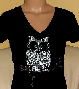 CAMISETA DE MANGA CORTA TODO RHINESTONE ENORME BÚHO V CUELLO - Imagen 1 de 2