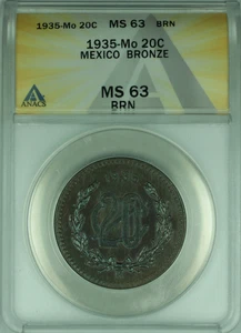 1935-Mo 20 Centavos Mexico Bronze Coin ANACS MS-63 BRN (WB1) - Picture 1 of 2
