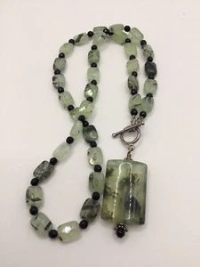 Tourmalinated Prehnite Faceted Bead Necklace Black Glass Bead Spacers 19” - Picture 1 of 7