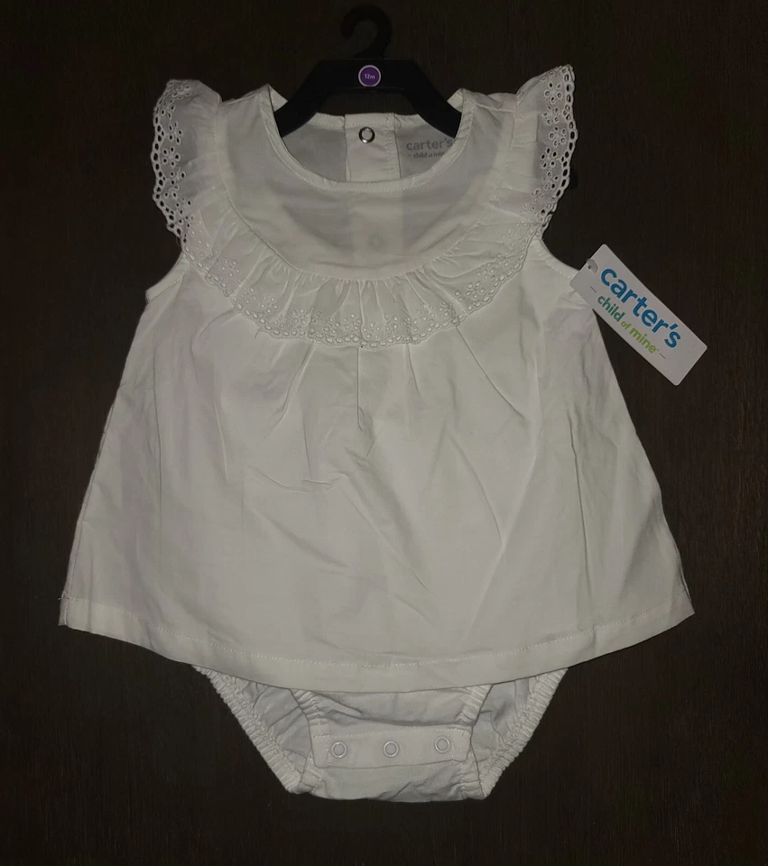 Carter's Child of Mine Baby Girl White Dress One Piece Size 12 Months