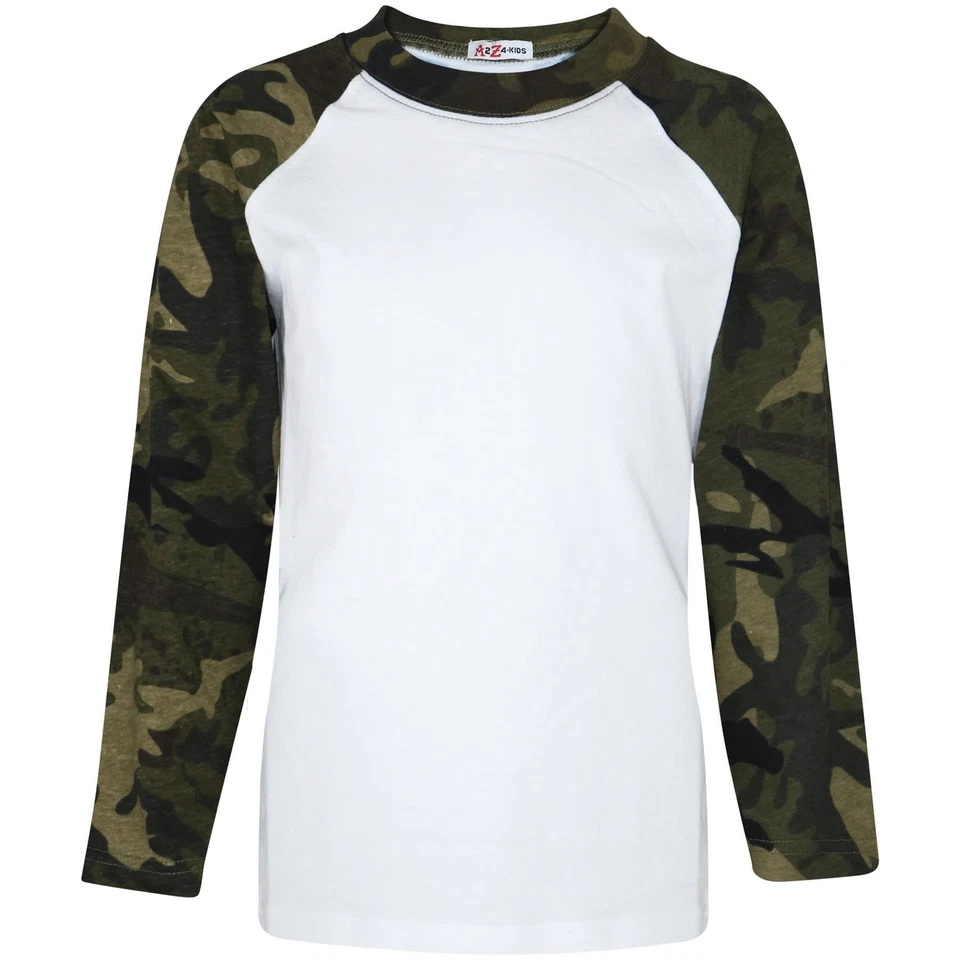 A2Z 4 KIDS® Kids Raglan Style T-Shirt Contrast Colour Camo Green Top Girls Boys Age 5-13 Yrs