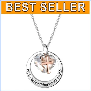 Gift-Ready Two-Tone Silver & Rose Gold Cross Necklace with Heart Crystal Pendant - Picture 1 of 9